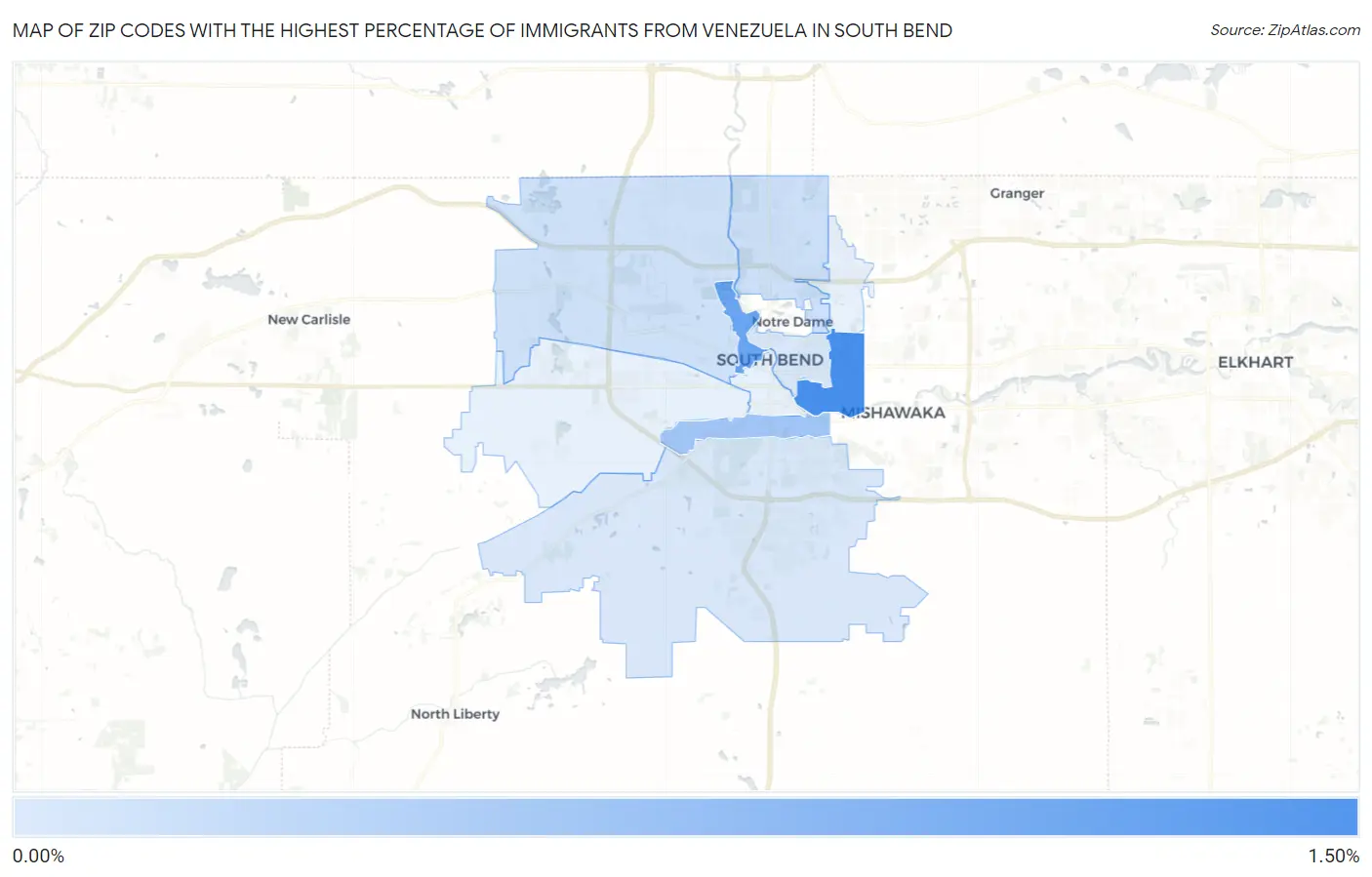 Zip Codes with the Highest Percentage of Immigrants from Venezuela in South Bend Map