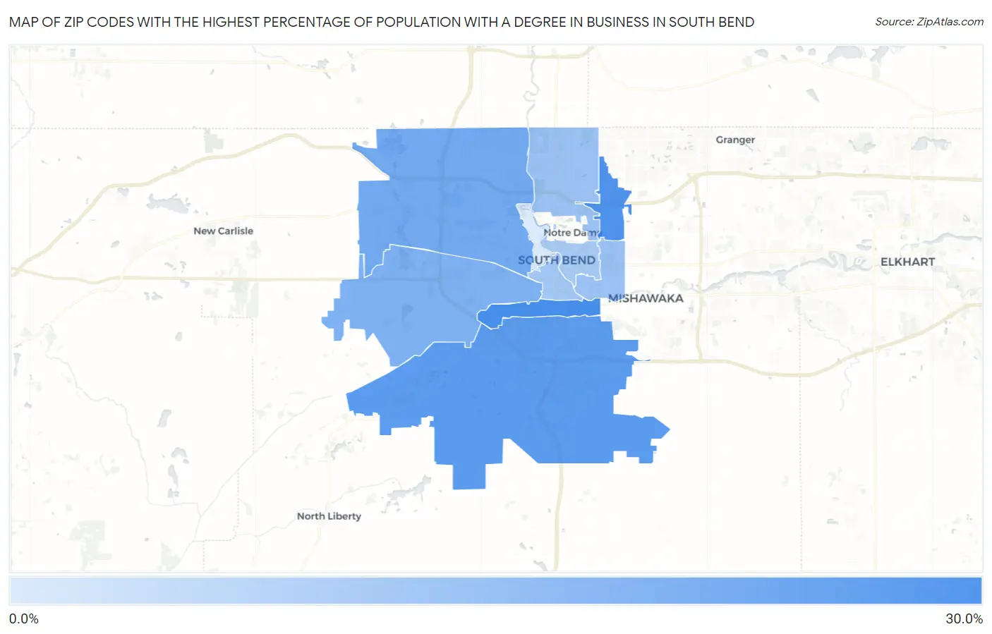 Zip Codes with the Highest Percentage of Population with a Degree in Business in South Bend Map