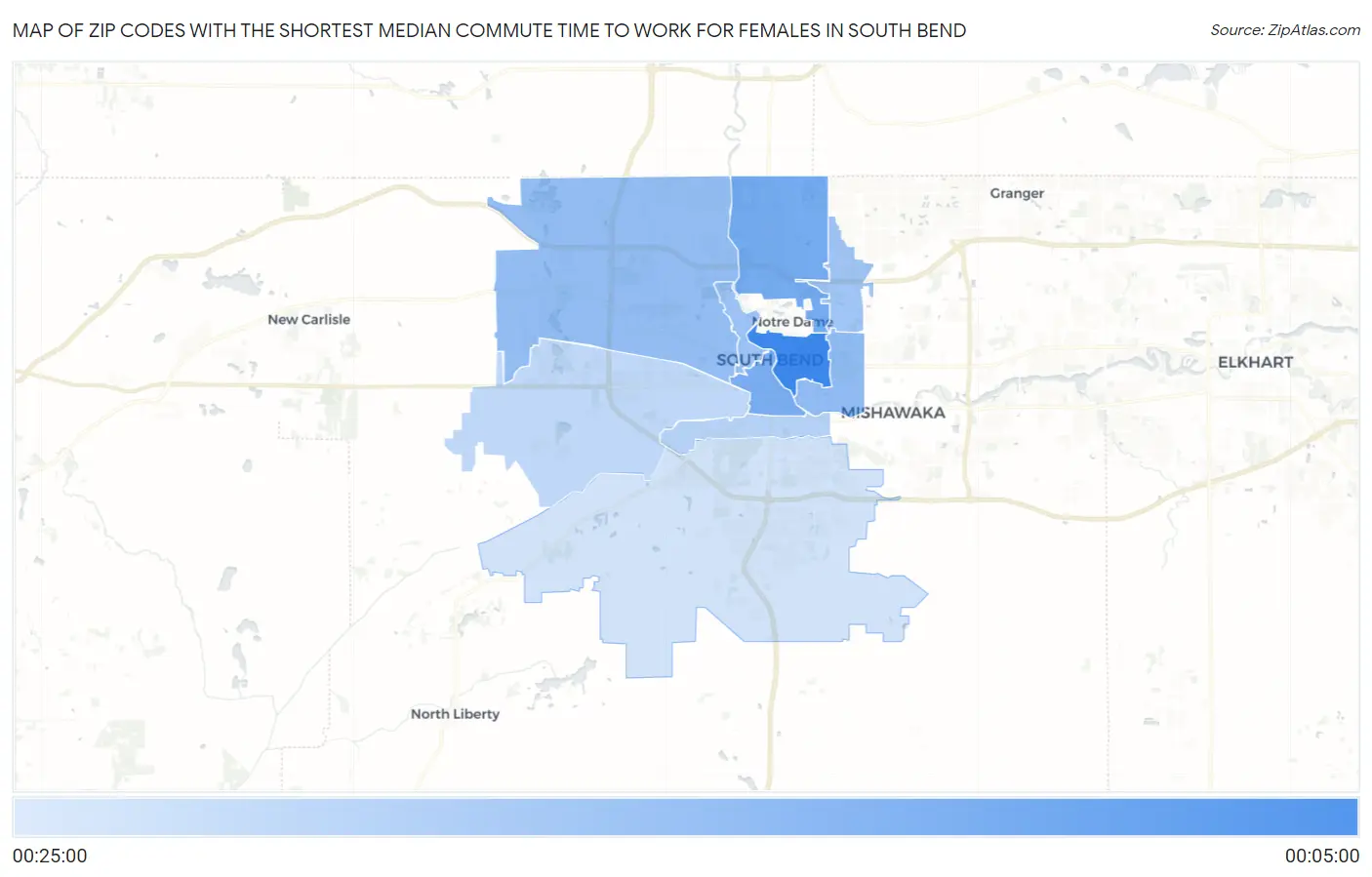 Zip Codes with the Shortest Median Commute Time to Work for Females in South Bend Map