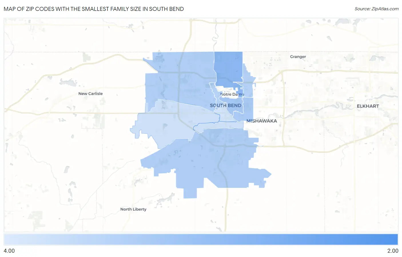 Zip Codes with the Smallest Family Size in South Bend Map