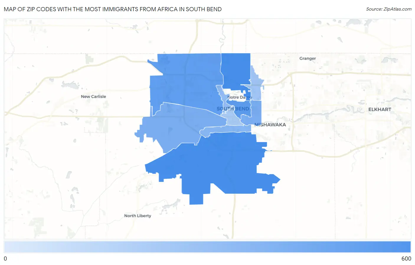 Zip Codes with the Most Immigrants from Africa in South Bend Map