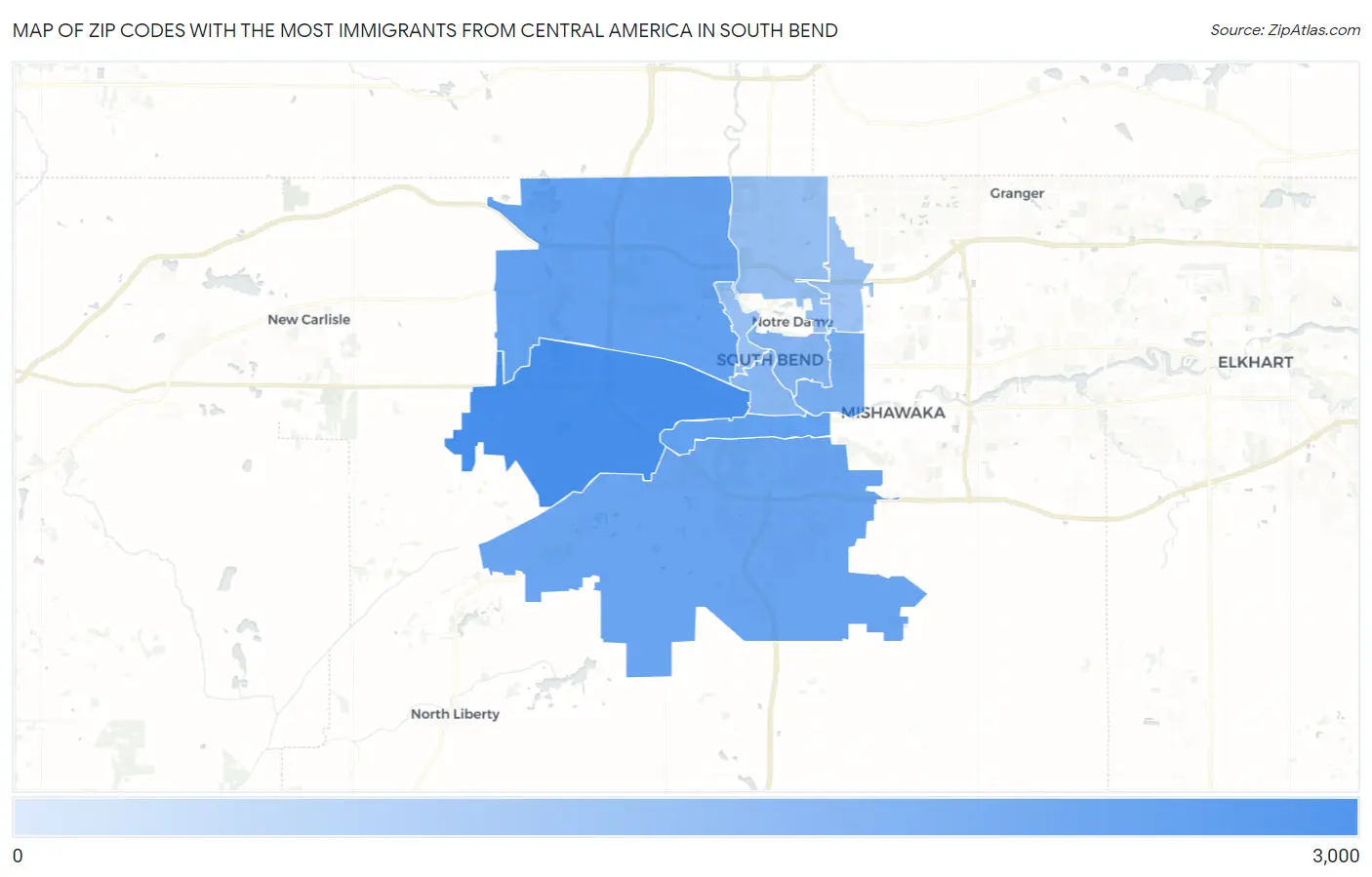 Zip Codes with the Most Immigrants from Central America in South Bend Map