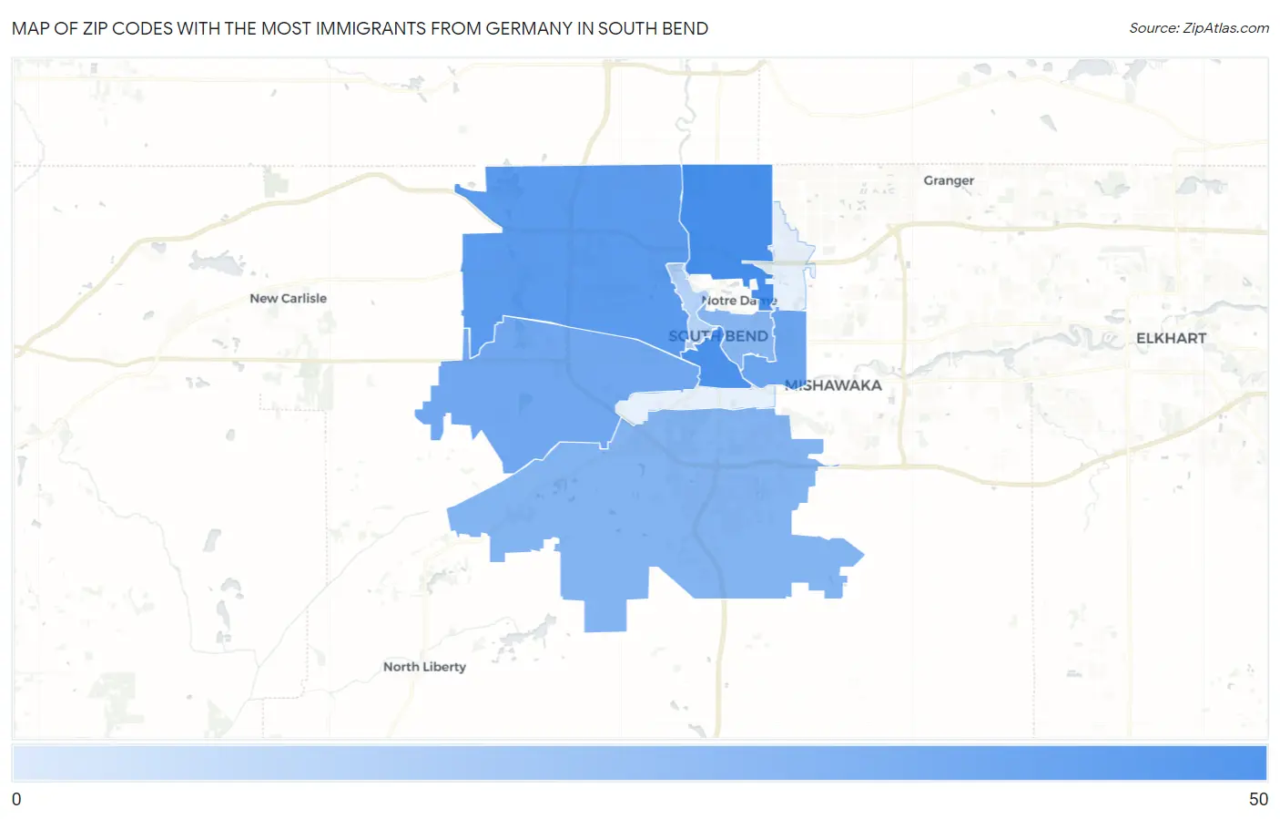 Zip Codes with the Most Immigrants from Germany in South Bend Map