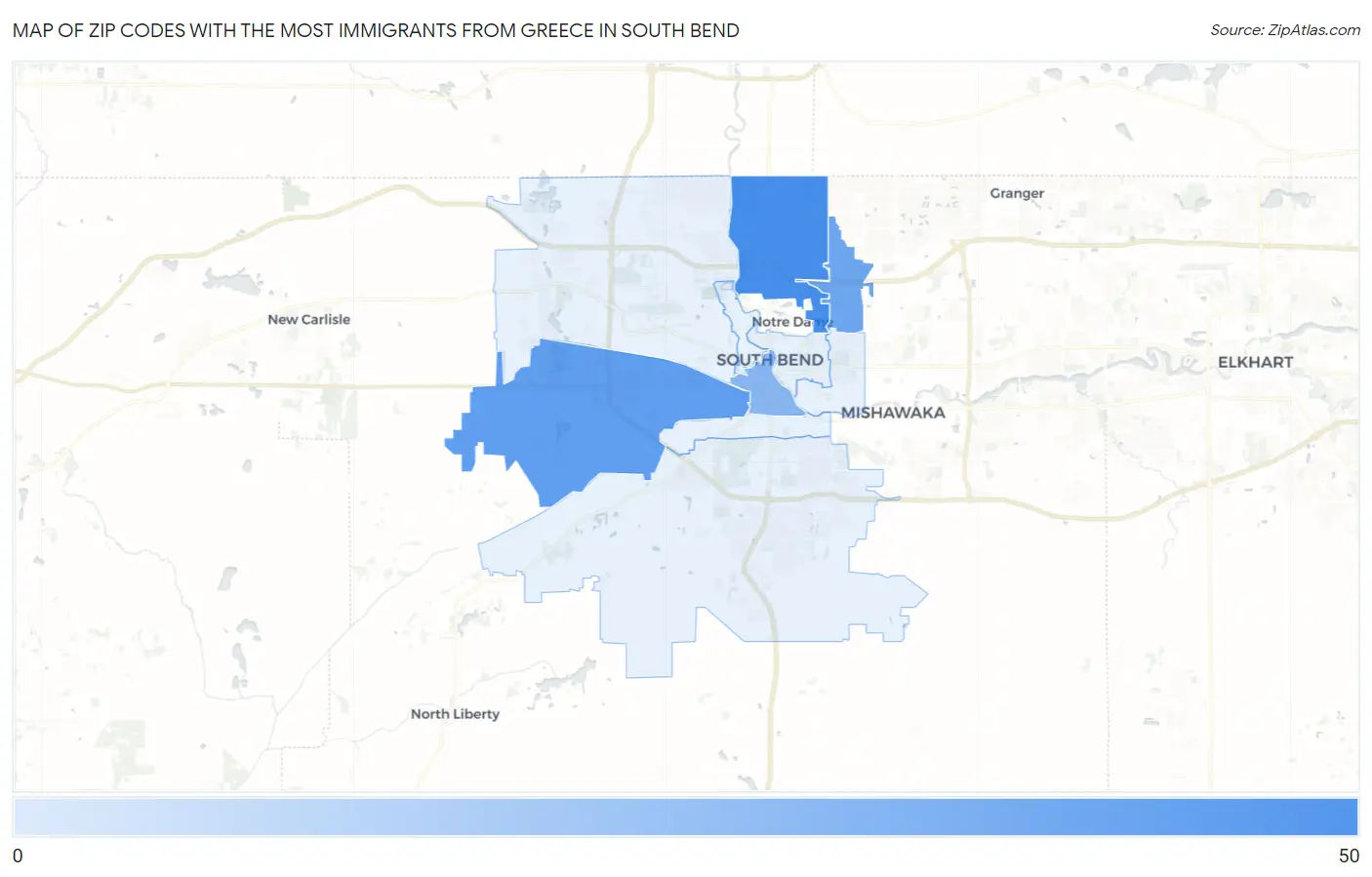 Zip Codes with the Most Immigrants from Greece in South Bend Map