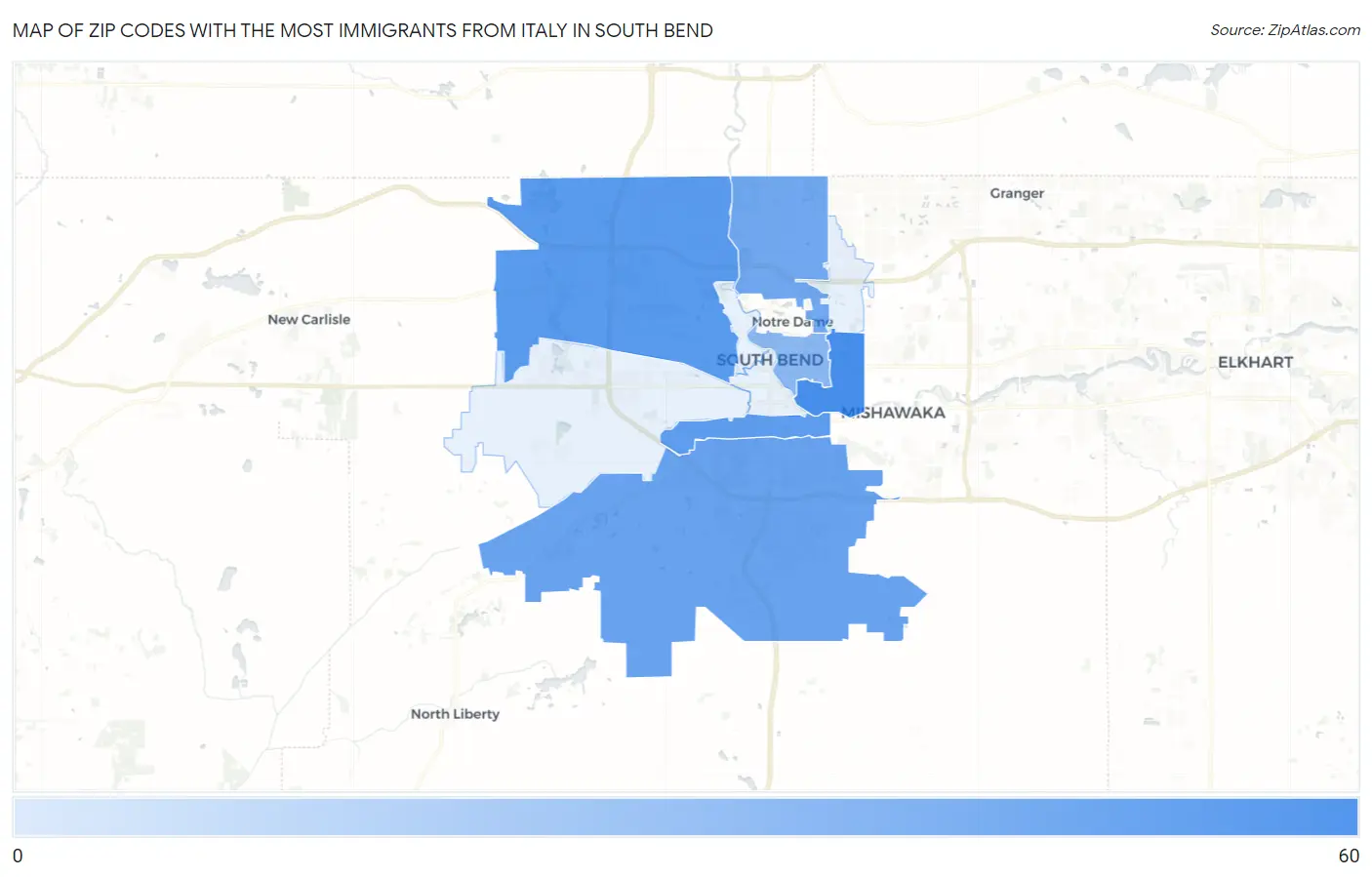 Zip Codes with the Most Immigrants from Italy in South Bend Map