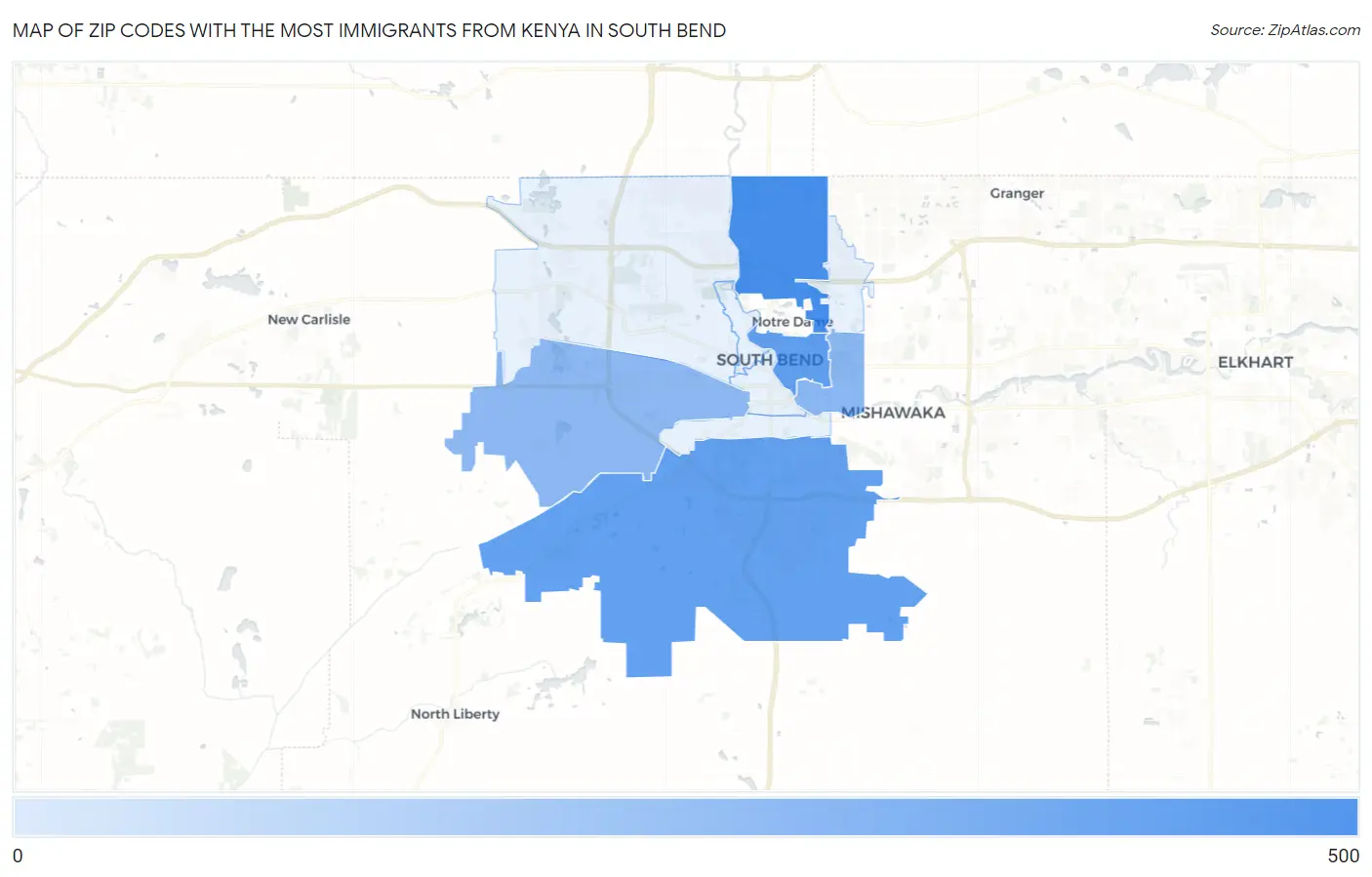 Zip Codes with the Most Immigrants from Kenya in South Bend Map