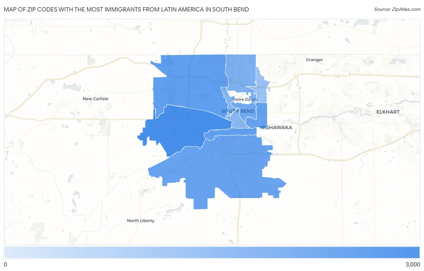 Zip Codes with the Most Immigrants from Latin America in South Bend Map