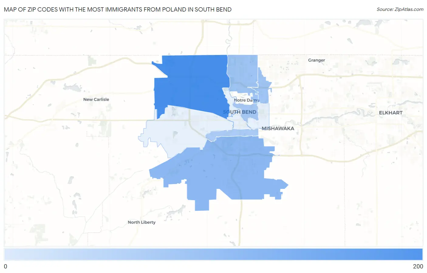 Zip Codes with the Most Immigrants from Poland in South Bend Map