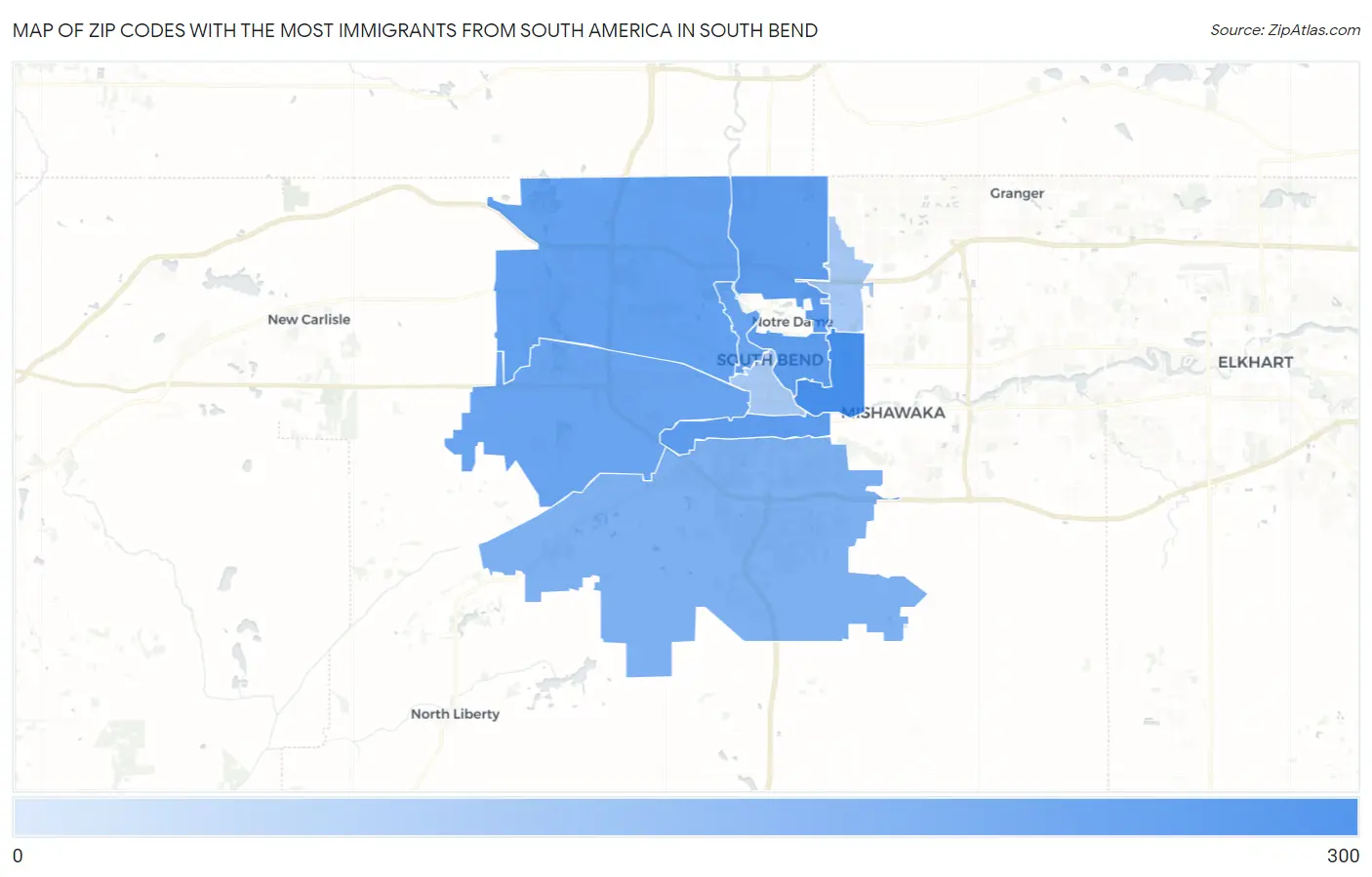 Zip Codes with the Most Immigrants from South America in South Bend Map