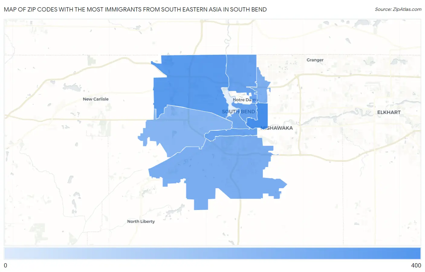 Zip Codes with the Most Immigrants from South Eastern Asia in South Bend Map