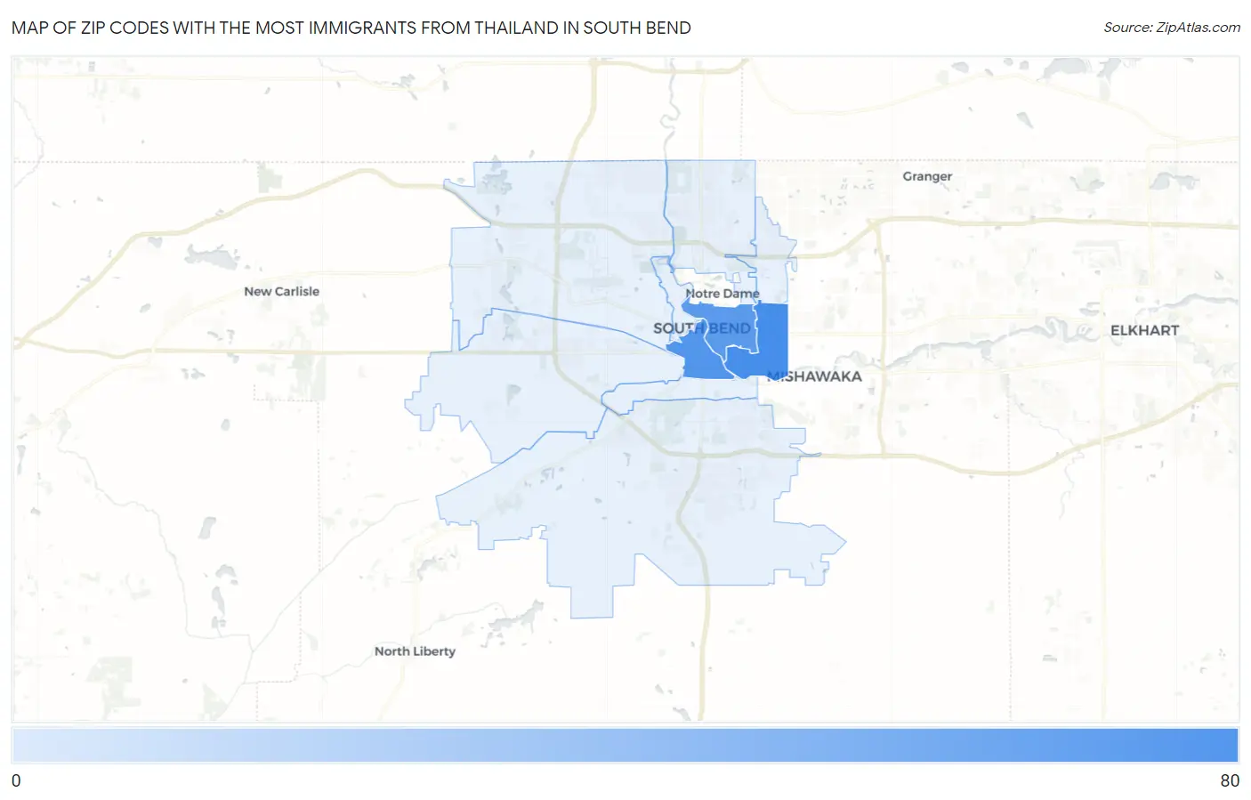 Zip Codes with the Most Immigrants from Thailand in South Bend Map