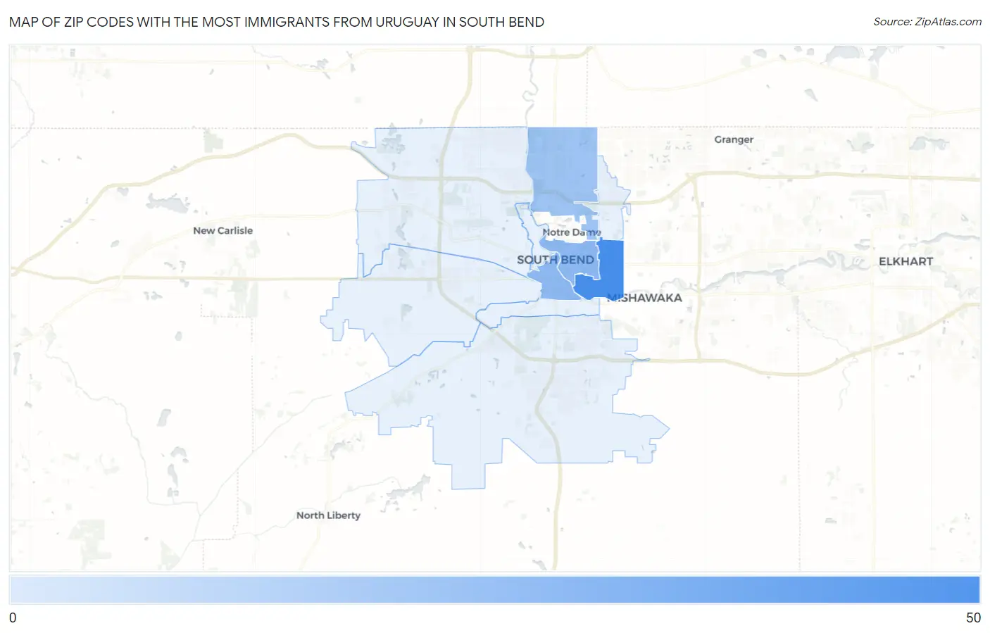 Zip Codes with the Most Immigrants from Uruguay in South Bend Map