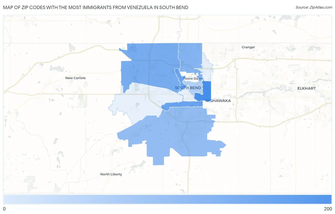 Zip Codes with the Most Immigrants from Venezuela in South Bend Map