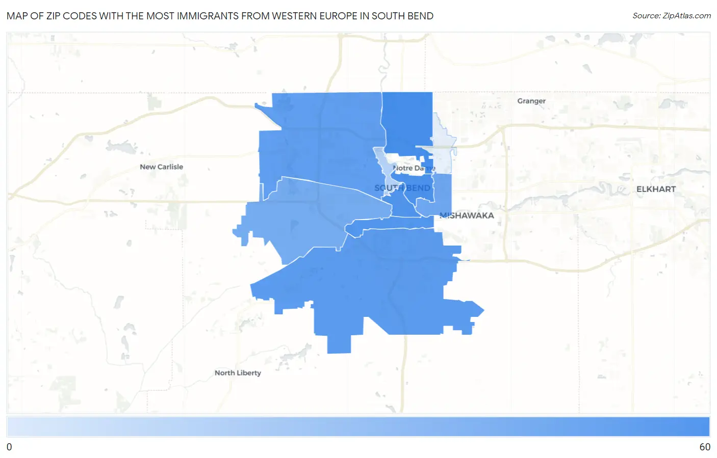 Zip Codes with the Most Immigrants from Western Europe in South Bend Map