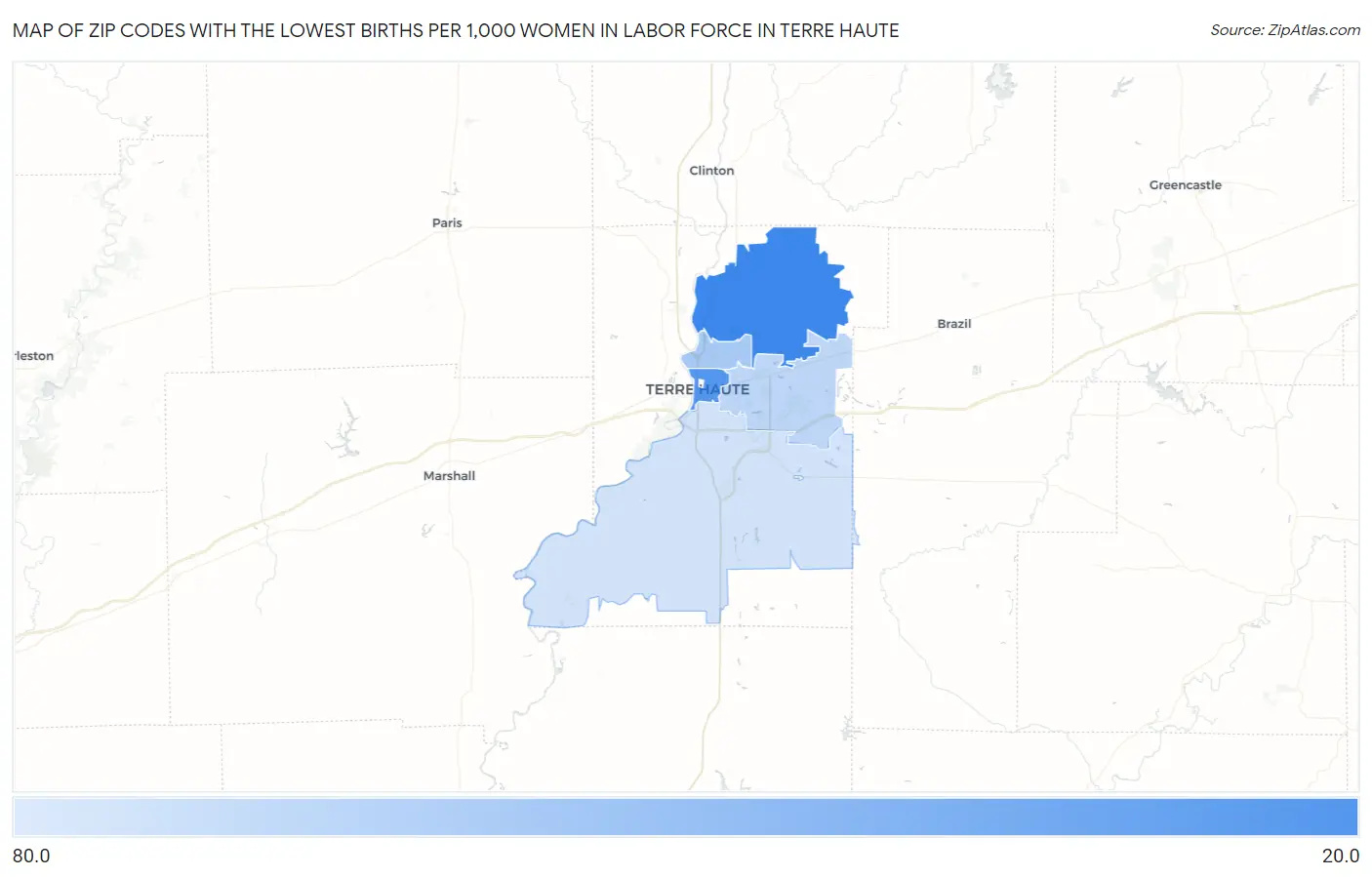 Zip Codes with the Lowest Births per 1,000 Women in Labor Force in Terre Haute Map