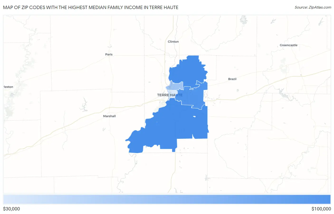 Zip Codes with the Highest Median Family Income in Terre Haute Map