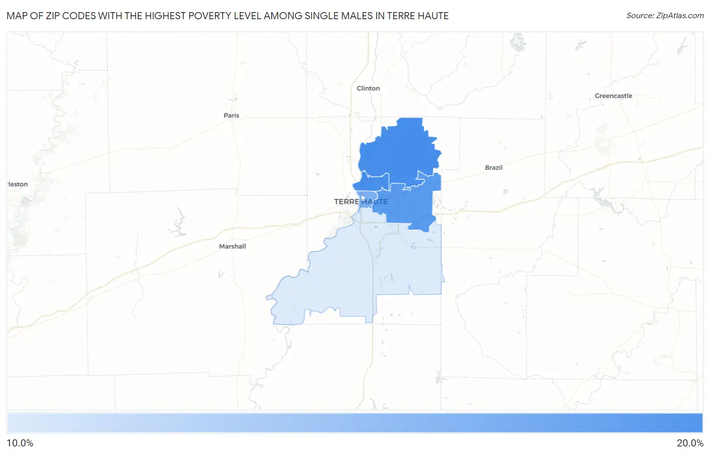 Zip Codes with the Highest Poverty Level Among Single Males in Terre Haute Map