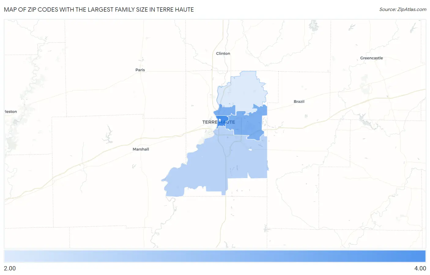 Zip Codes with the Largest Family Size in Terre Haute Map