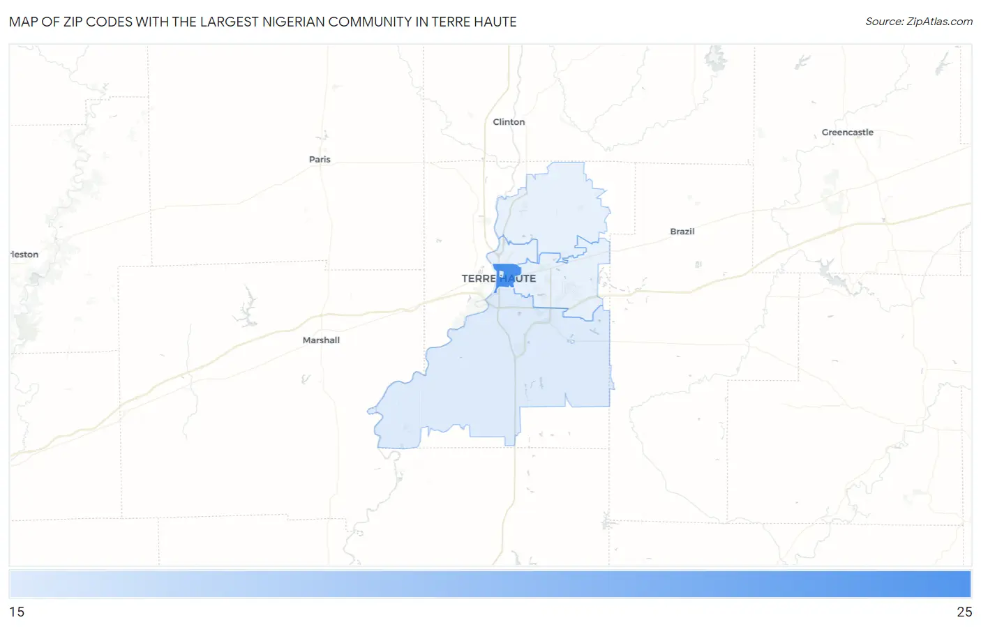 Zip Codes with the Largest Nigerian Community in Terre Haute Map