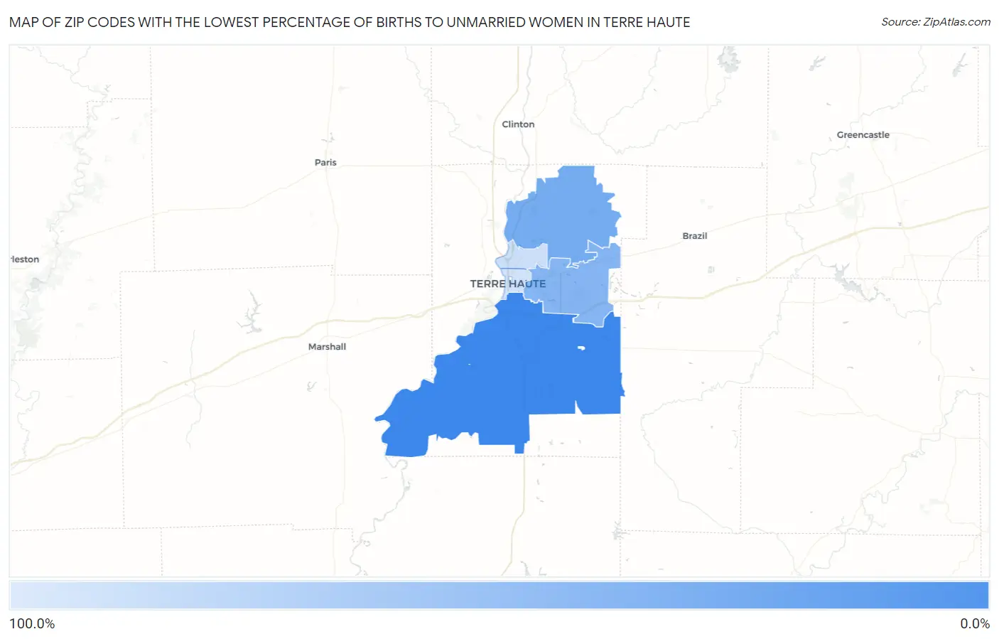 Zip Codes with the Lowest Percentage of Births to Unmarried Women in Terre Haute Map