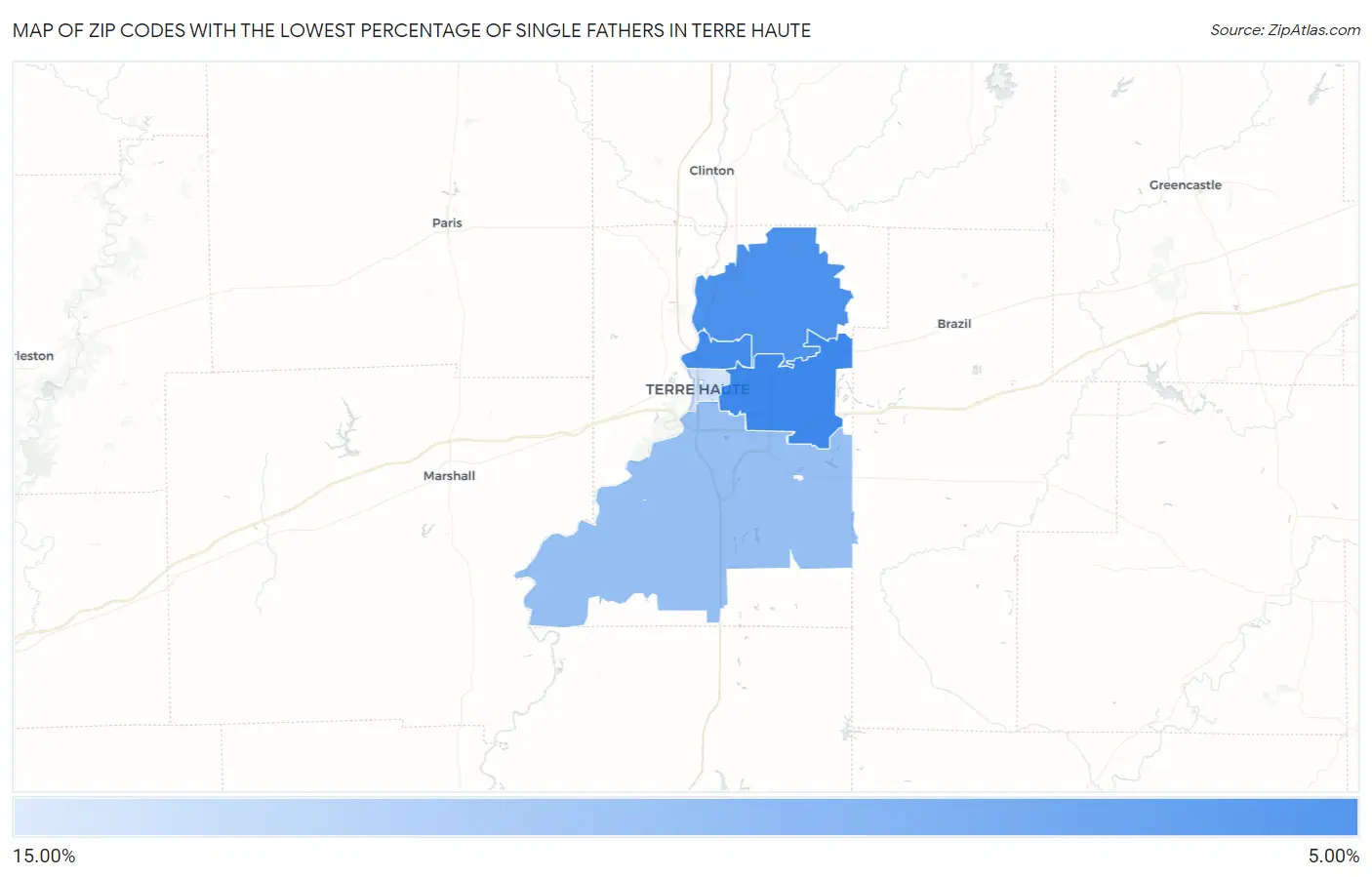 Zip Codes with the Lowest Percentage of Single Fathers in Terre Haute Map