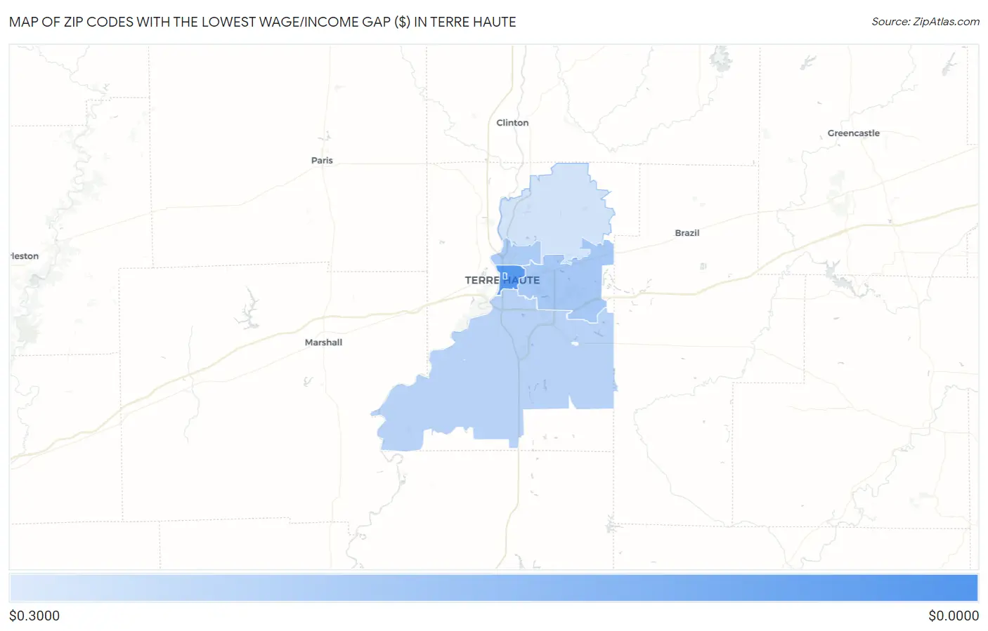 Zip Codes with the Lowest Wage/Income Gap ($) in Terre Haute Map