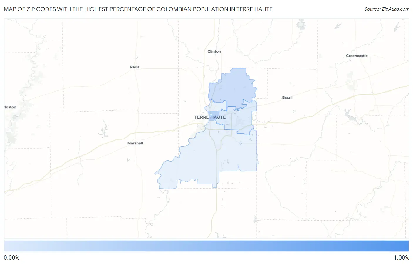 Zip Codes with the Highest Percentage of Colombian Population in Terre Haute Map