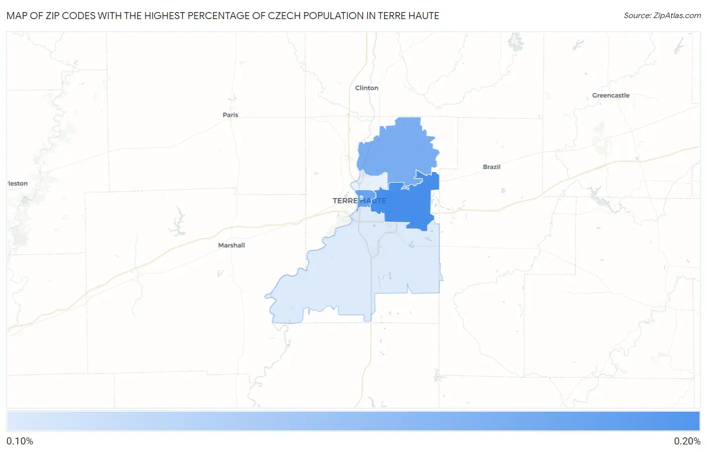 Zip Codes with the Highest Percentage of Czech Population in Terre Haute Map