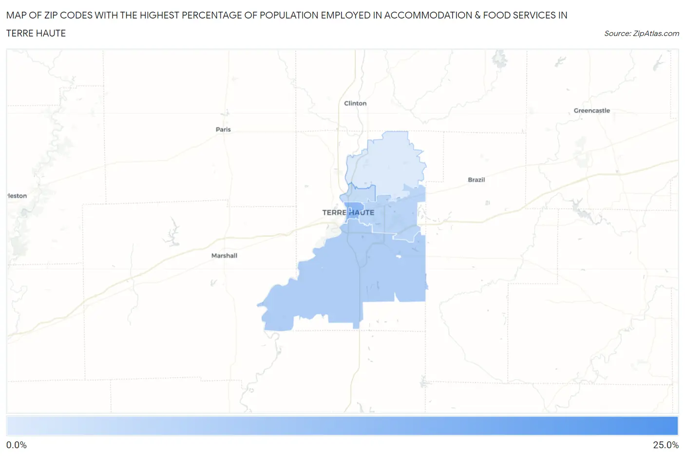Zip Codes with the Highest Percentage of Population Employed in Accommodation & Food Services in Terre Haute Map