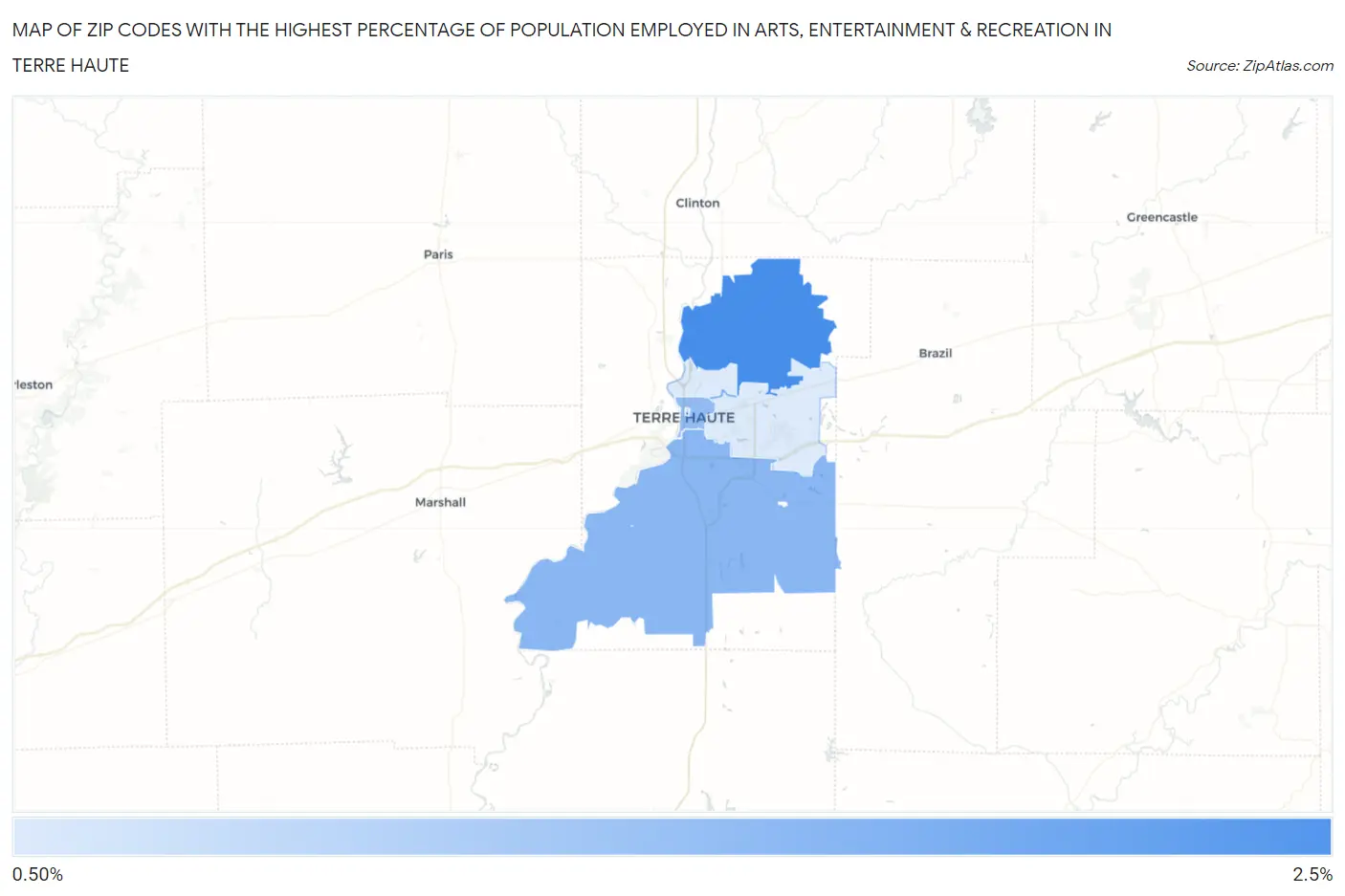 Zip Codes with the Highest Percentage of Population Employed in Arts, Entertainment & Recreation in Terre Haute Map