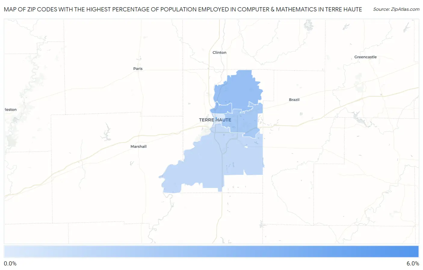 Zip Codes with the Highest Percentage of Population Employed in Computer & Mathematics in Terre Haute Map