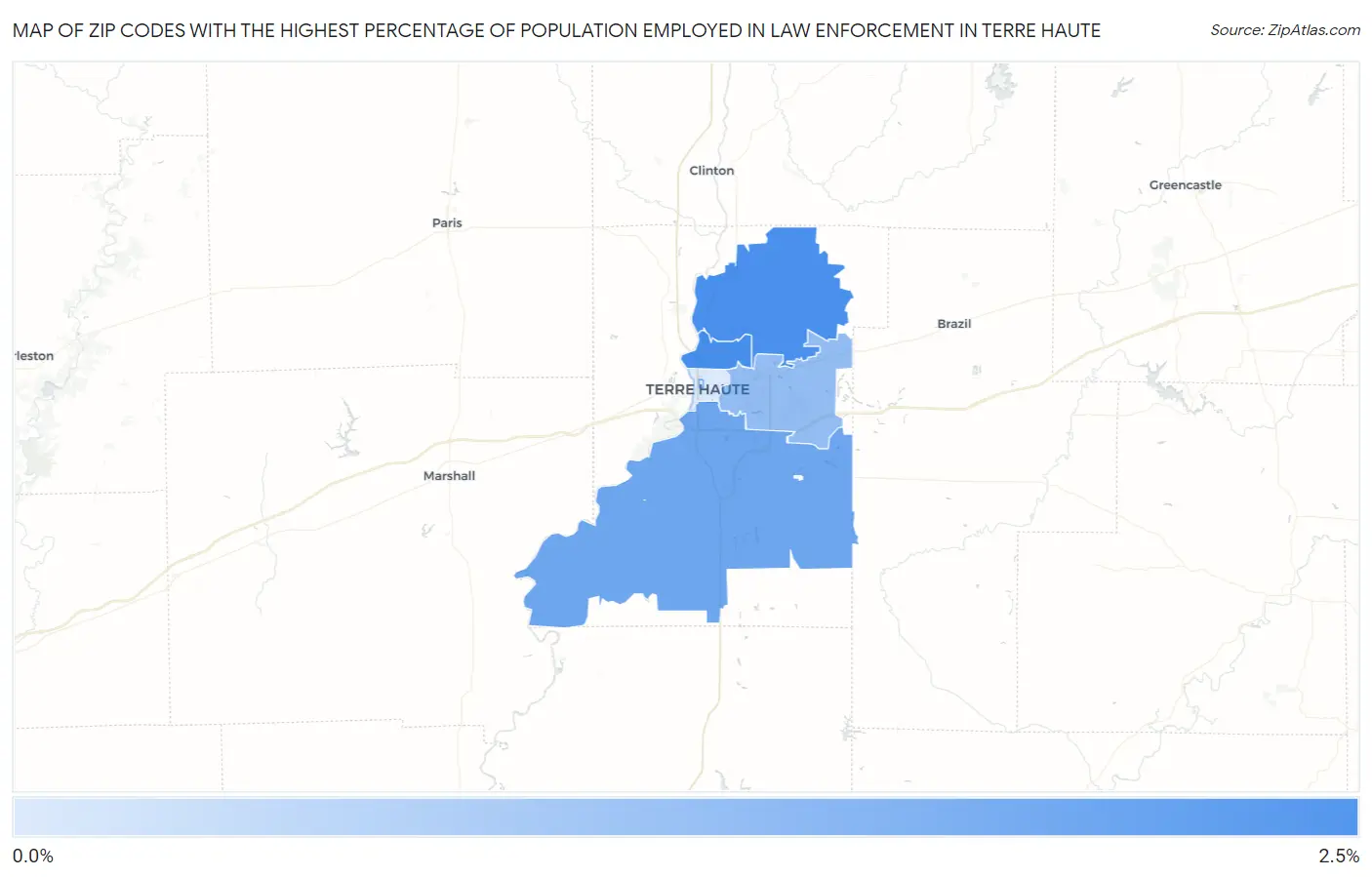 Zip Codes with the Highest Percentage of Population Employed in Law Enforcement in Terre Haute Map