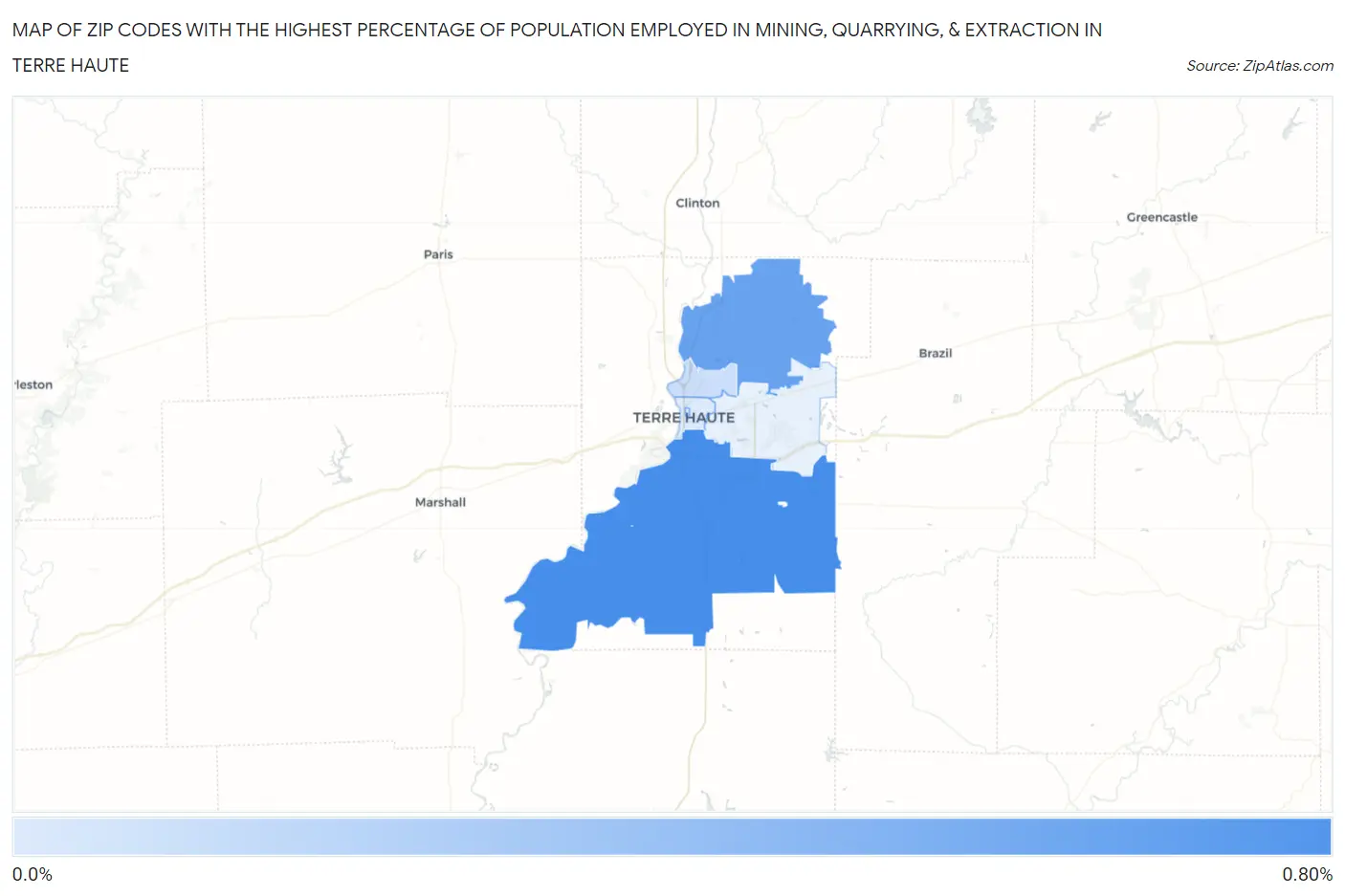 Zip Codes with the Highest Percentage of Population Employed in Mining, Quarrying, & Extraction in Terre Haute Map