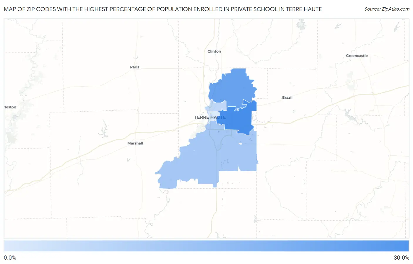 Zip Codes with the Highest Percentage of Population Enrolled in Private School in Terre Haute Map
