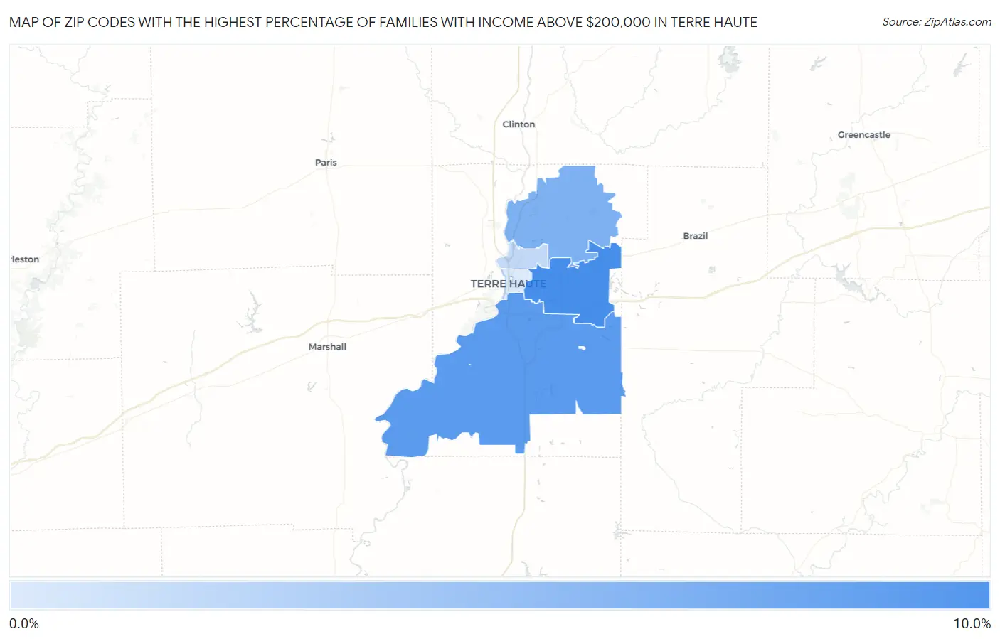 Zip Codes with the Highest Percentage of Families with Income Above $200,000 in Terre Haute Map