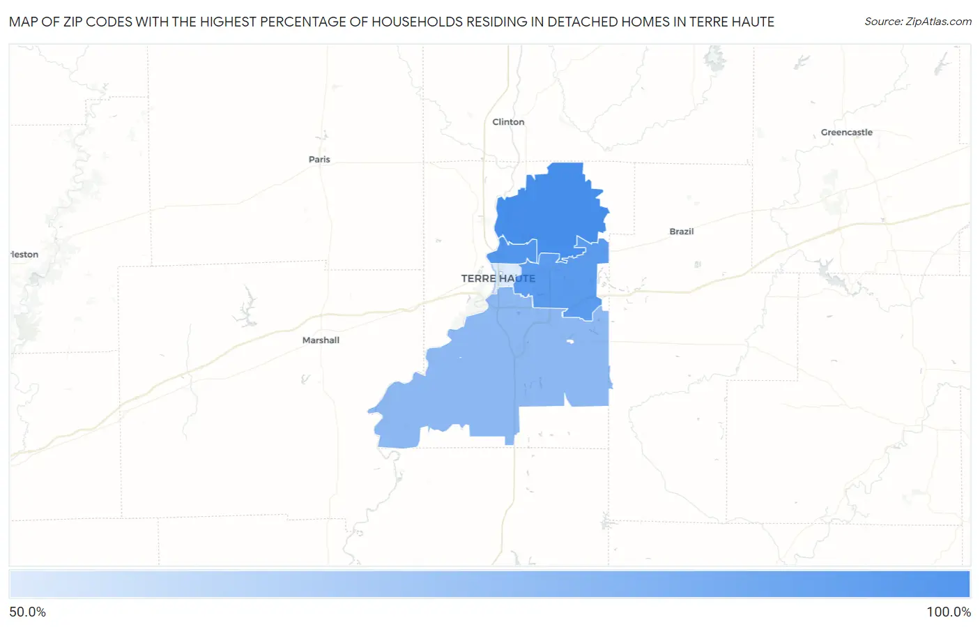Zip Codes with the Highest Percentage of Households Residing in Detached Homes in Terre Haute Map