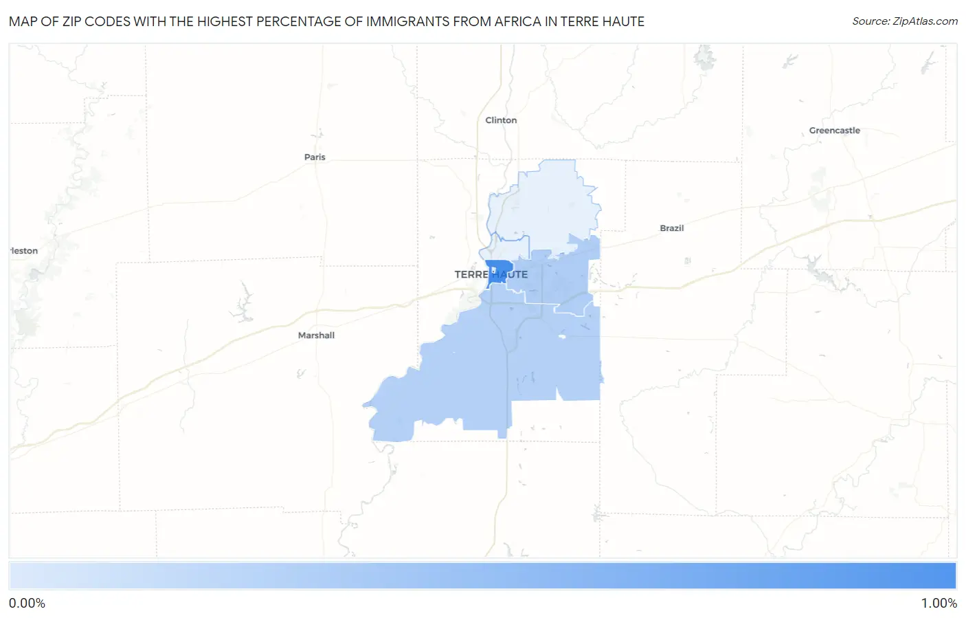 Zip Codes with the Highest Percentage of Immigrants from Africa in Terre Haute Map