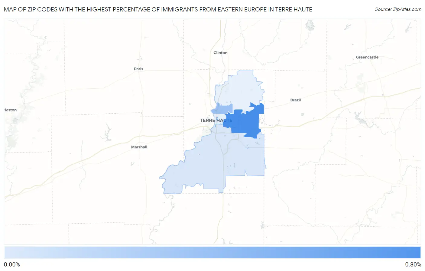 Zip Codes with the Highest Percentage of Immigrants from Eastern Europe in Terre Haute Map