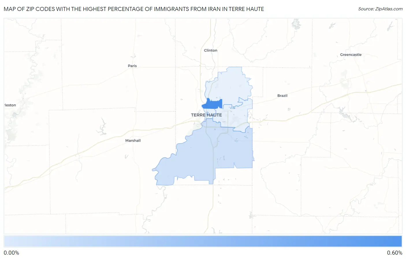 Zip Codes with the Highest Percentage of Immigrants from Iran in Terre Haute Map