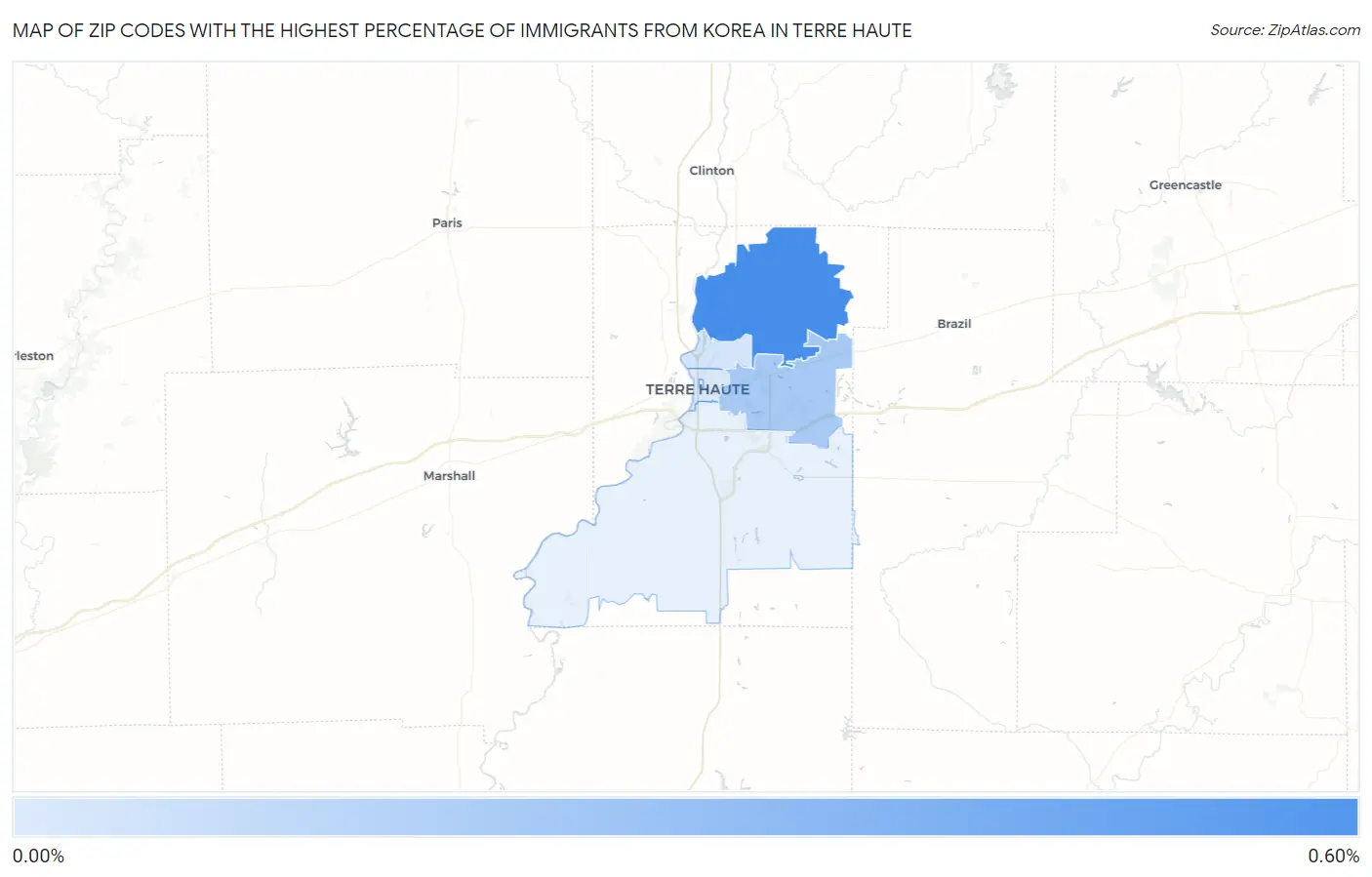 Zip Codes with the Highest Percentage of Immigrants from Korea in Terre Haute Map
