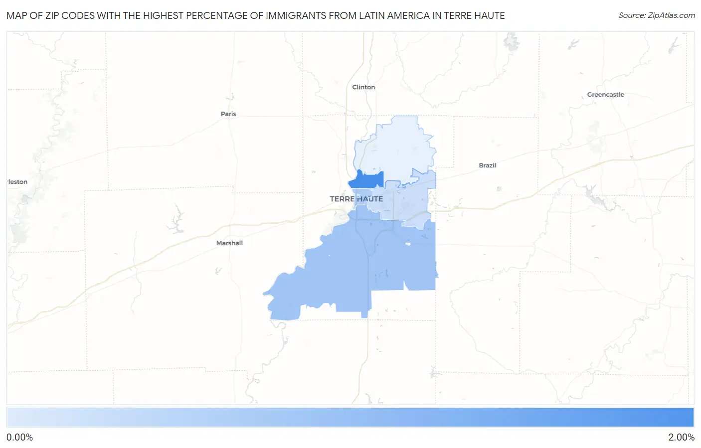 Zip Codes with the Highest Percentage of Immigrants from Latin America in Terre Haute Map