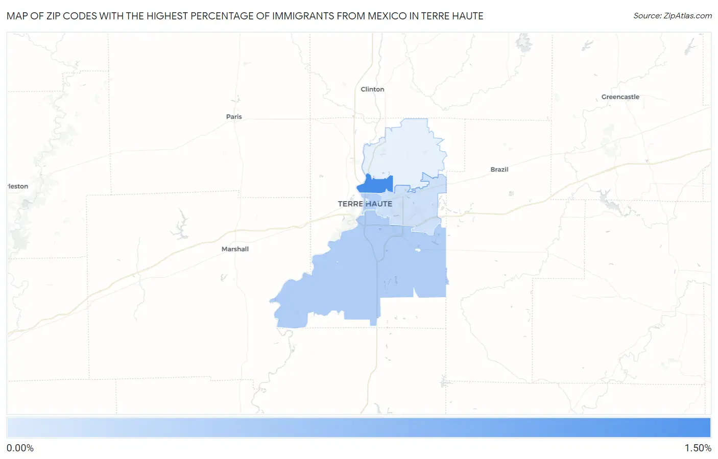 Zip Codes with the Highest Percentage of Immigrants from Mexico in Terre Haute Map