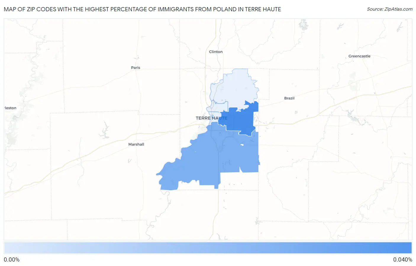 Zip Codes with the Highest Percentage of Immigrants from Poland in Terre Haute Map