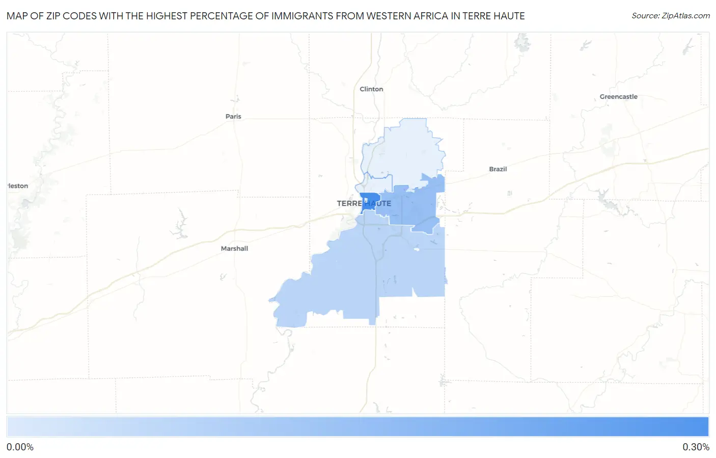 Zip Codes with the Highest Percentage of Immigrants from Western Africa in Terre Haute Map