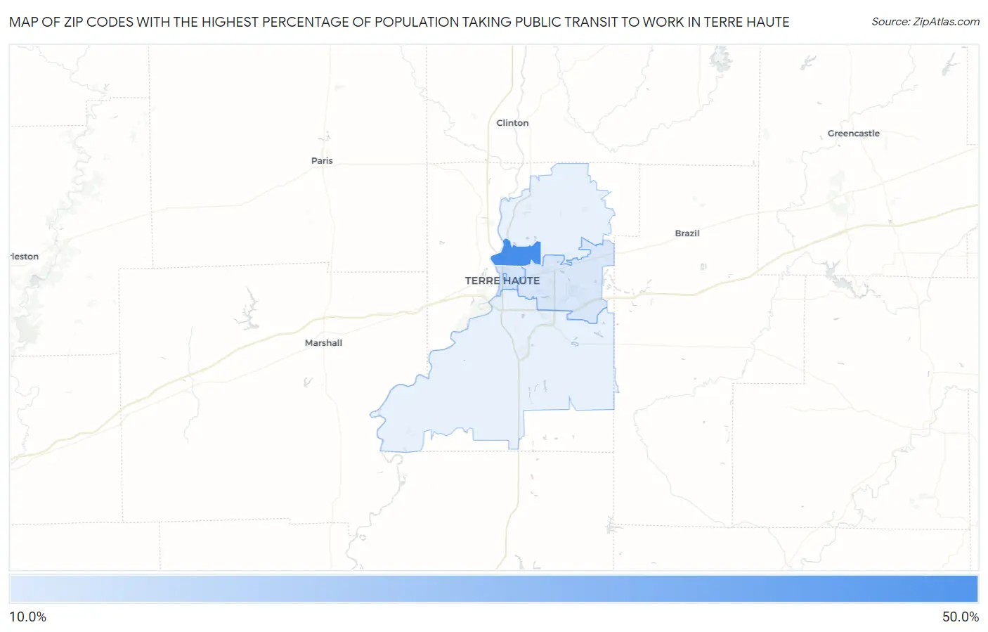 Zip Codes with the Highest Percentage of Population Taking Public Transit to Work in Terre Haute Map
