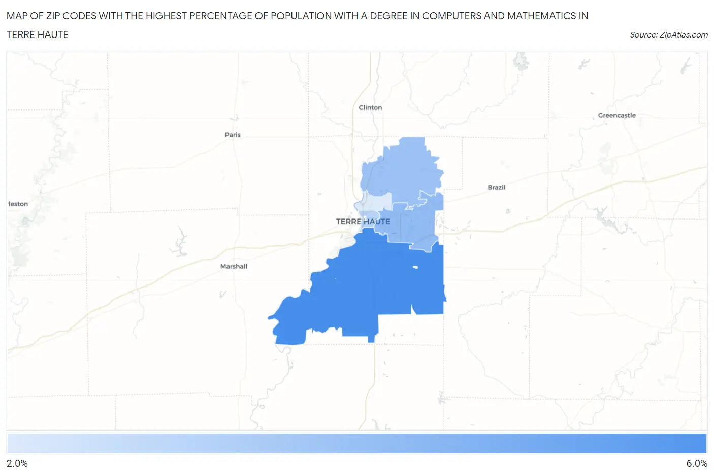 Zip Codes with the Highest Percentage of Population with a Degree in Computers and Mathematics in Terre Haute Map