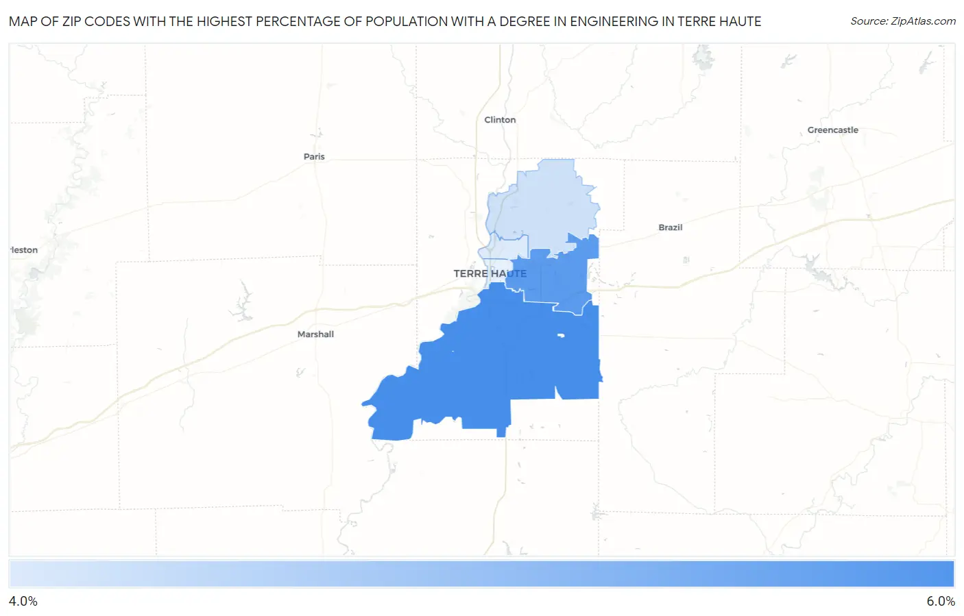 Zip Codes with the Highest Percentage of Population with a Degree in Engineering in Terre Haute Map