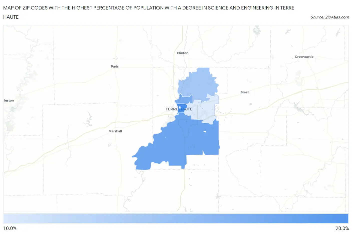 Zip Codes with the Highest Percentage of Population with a Degree in Science and Engineering in Terre Haute Map
