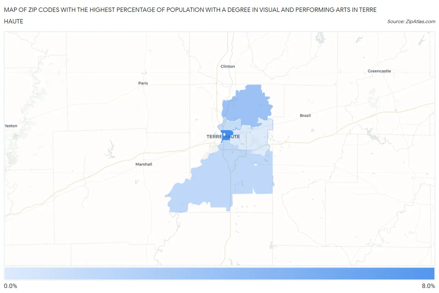 Zip Codes with the Highest Percentage of Population with a Degree in Visual and Performing Arts in Terre Haute Map