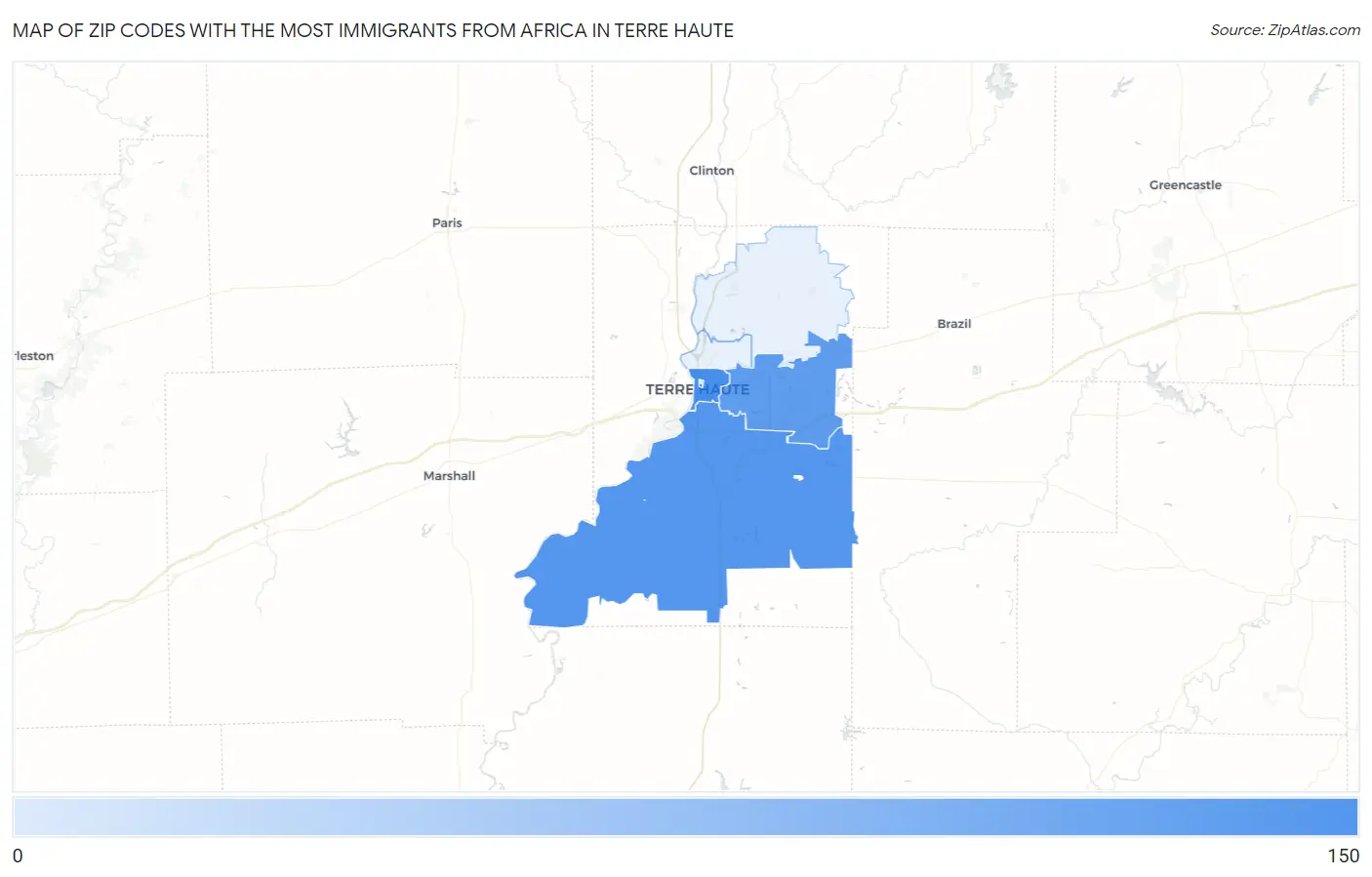 Zip Codes with the Most Immigrants from Africa in Terre Haute Map
